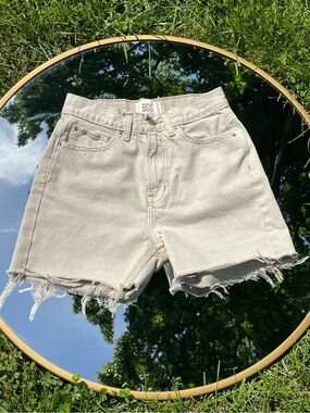 BDG Off-White High-Rise Frayed Hem Denim Shorts